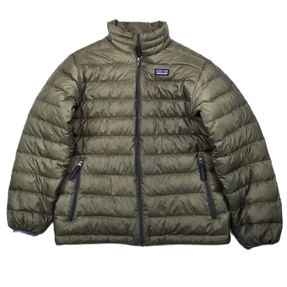 Patagonia Down Puffer Jacket Boys Medium 10 Olive Green Polyester Sweater Coat